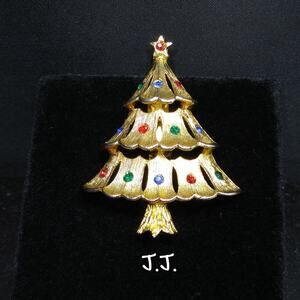 JJ Christmas Tree Rhinestone Brooch, Gold Tone, 1960s Vintage Jewelry